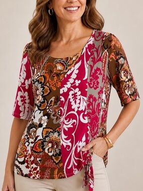 Chico’s Size 1 Pink Brown Paisley Floral Tie Side Top 3/4 Sleeve Artsy Resort